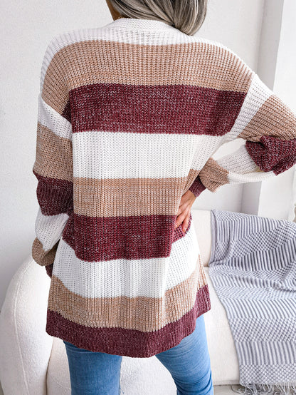 Sarah Express Women's Color Block Stripe Cardigan Sweater - Lantern Sleeve Open Front Knit Coat