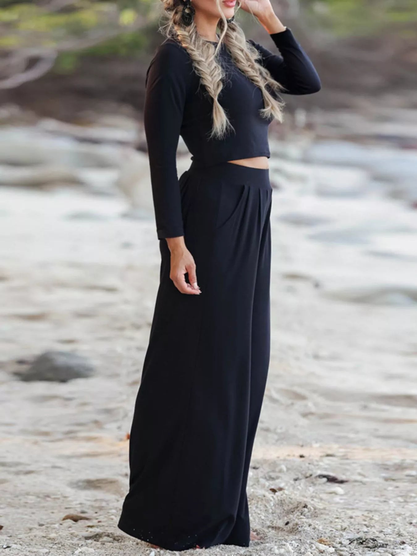 Sarah Express Women's Long Sleeve Crop Top and Wide Leg Pants Set