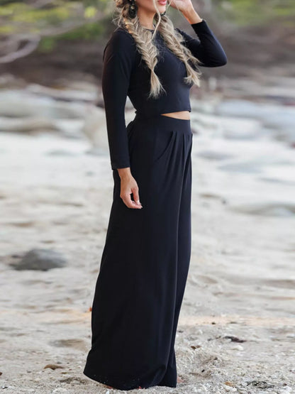 Sarah Express Women's Long Sleeve Crop Top and Wide Leg Pants Set