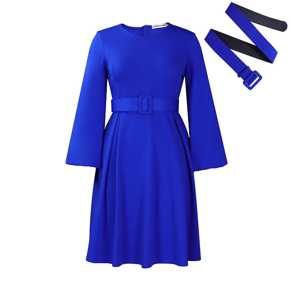 Women's Long Sleeve Belted Swing Dress - Elegant High Waist Mid-Length Dress