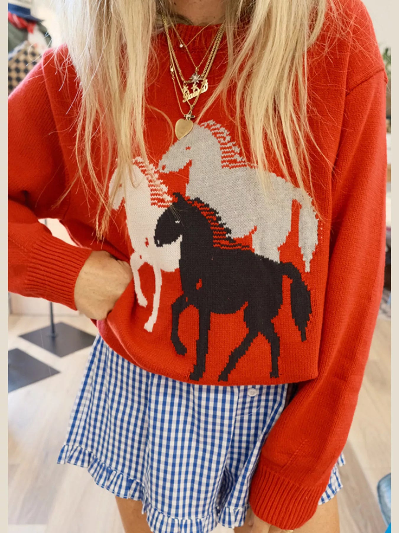 Sarah Express Women's Horse Print Round Neck Long Sleeve Sweater