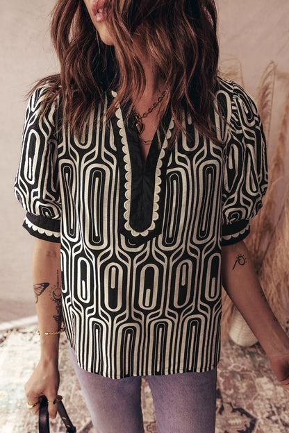 Sarah Express Women's Geometric Print Color Block Blouse - Short Sleeve Scallop Patchwork Top