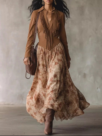Sarah Express Women's Floral Fringe Maxi Dress Long Sleeve Boho Evening Gown Caramel