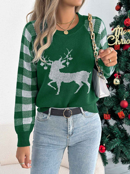 Sarah Express Women's Plaid Deer Pullover Sweater - Festive Christmas Knitwear Green