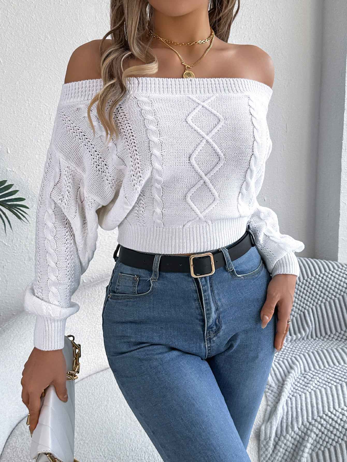 Sarah Express Women's Off-Shoulder V-Neck Pullover Sweater - Casual Solid Color Long Sleeve