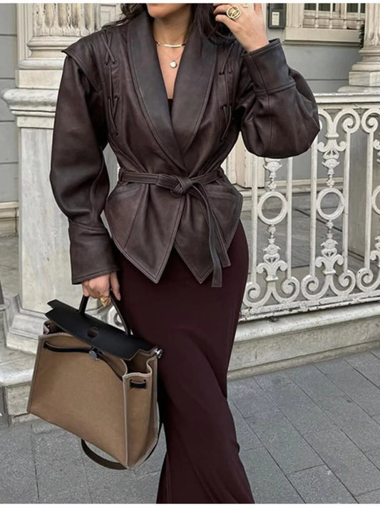 Sarah Express Women's Vintage Style Tie Waist Leather Jacket Dark Brown