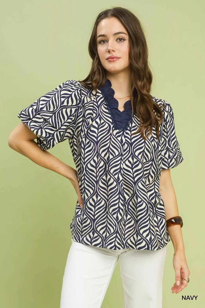 Sarah Express Women's Printed Puff Sleeve Ruffle Neck Top - Leaf Print Blouse NAVY
