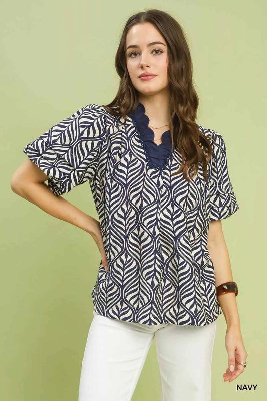 Sarah Express Women's Printed Puff Sleeve Ruffle Neck Top - Leaf Print Blouse NAVY