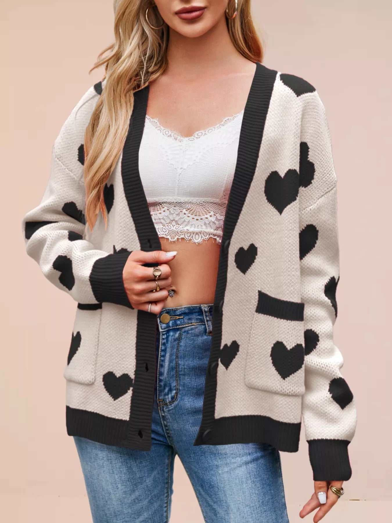 Sarah Express Women's Heart Pattern Button-Up Knit Cardigan Black Apricot