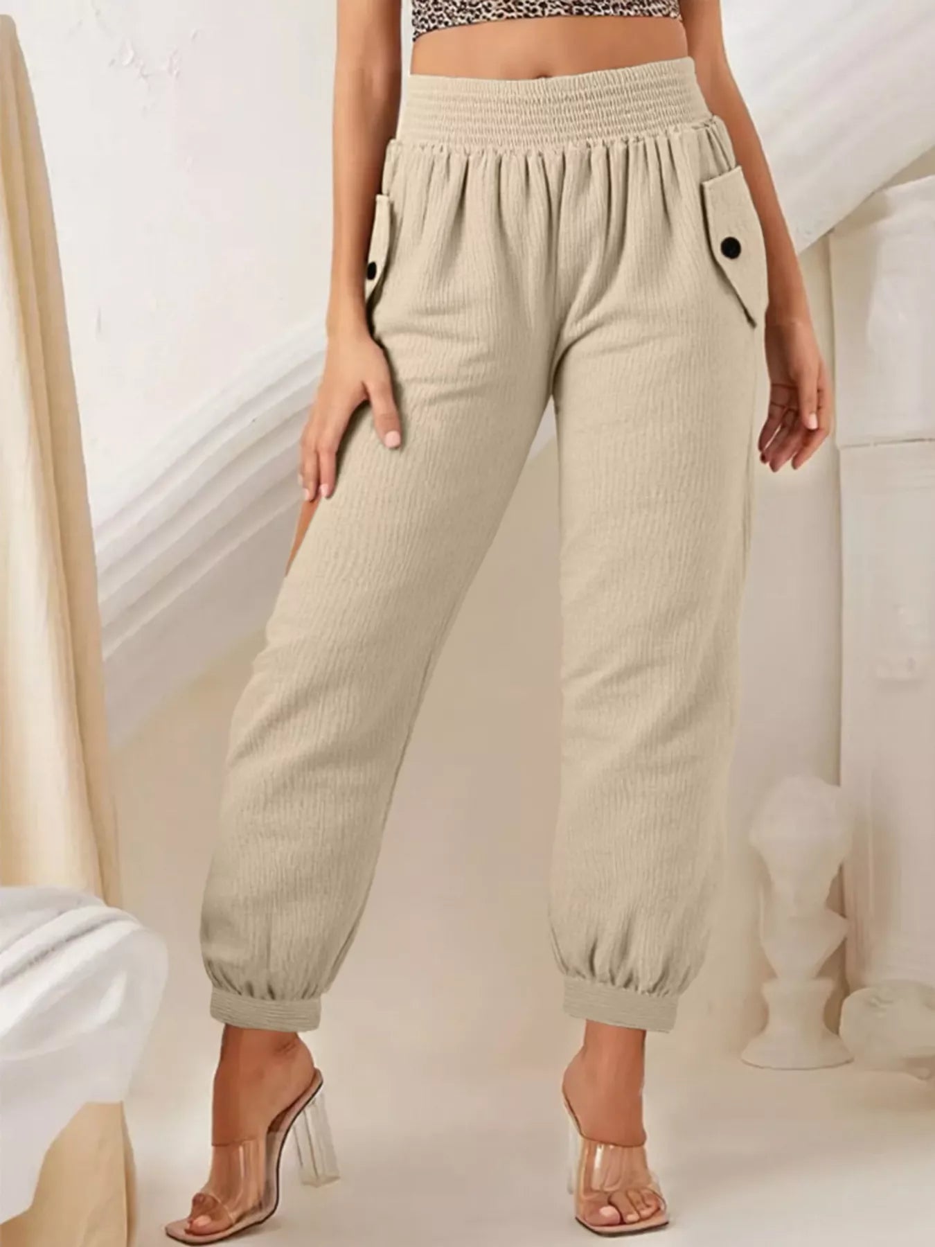 Sarah Express Women's Smocked Textured Casual Pants