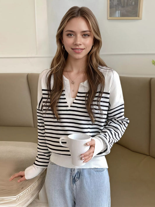 Sarah Express Women's Striped Long Sleeve Knit Top White One Size