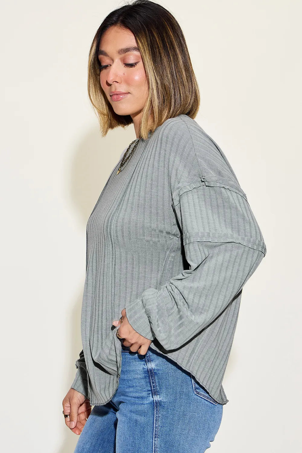 Sarah Express Women’s Plus Size Ribbed Long Sleeve T-Shirt with Exposed Seam
