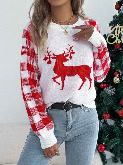Sarah Express Women's Plaid Deer Pullover Sweater - Festive Christmas Knitwear