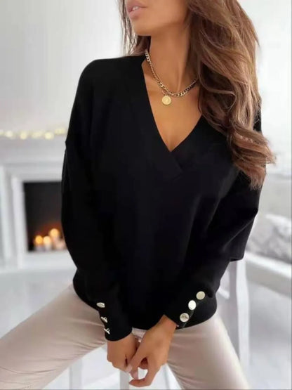 Sarah Express Women's V-Neck Long Sleeve Sweatshirt with Decorative Buttons