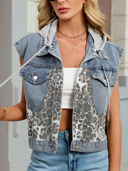 Leopard Button Up Hooded Denim Vest