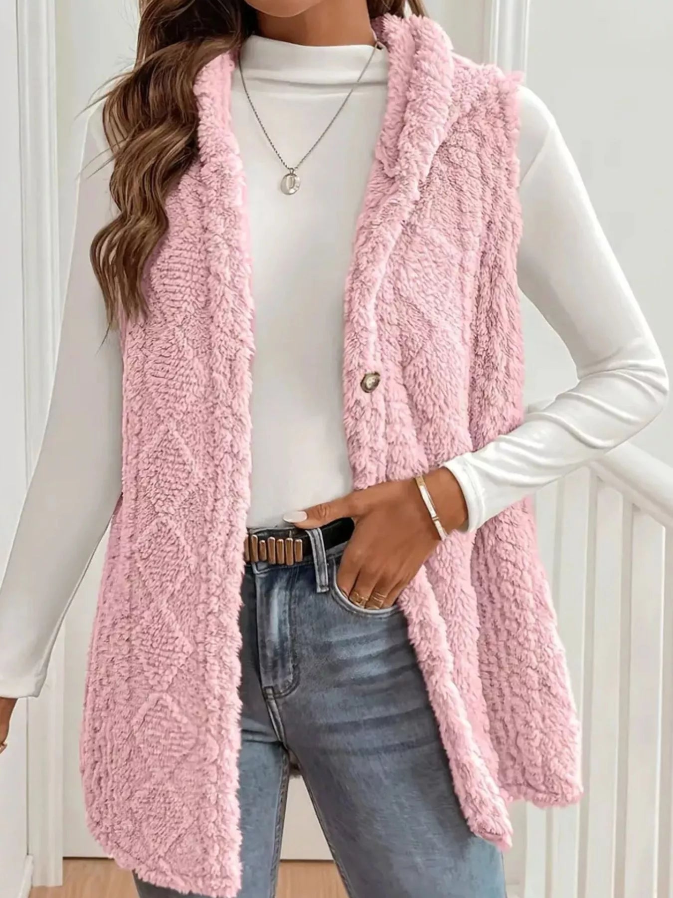 Sarah Express Women's Button Up Plush Hooded Vest Coat Pink