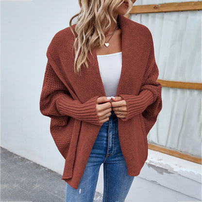 Sarah Express Women's Oversized Knit Cardigan - Batwing Sleeve Open Front Sweater Jacket Red