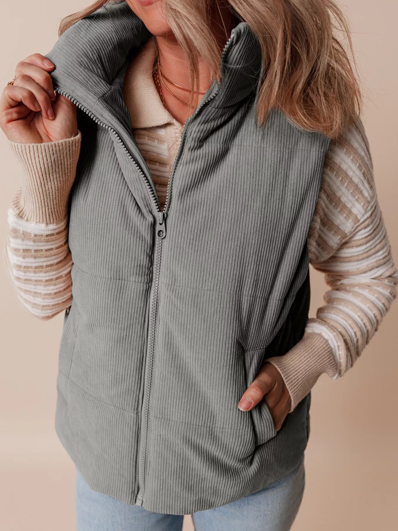 Sarah Express Women's Corduroy Stand Neck Zipped Puffer Vest Gray