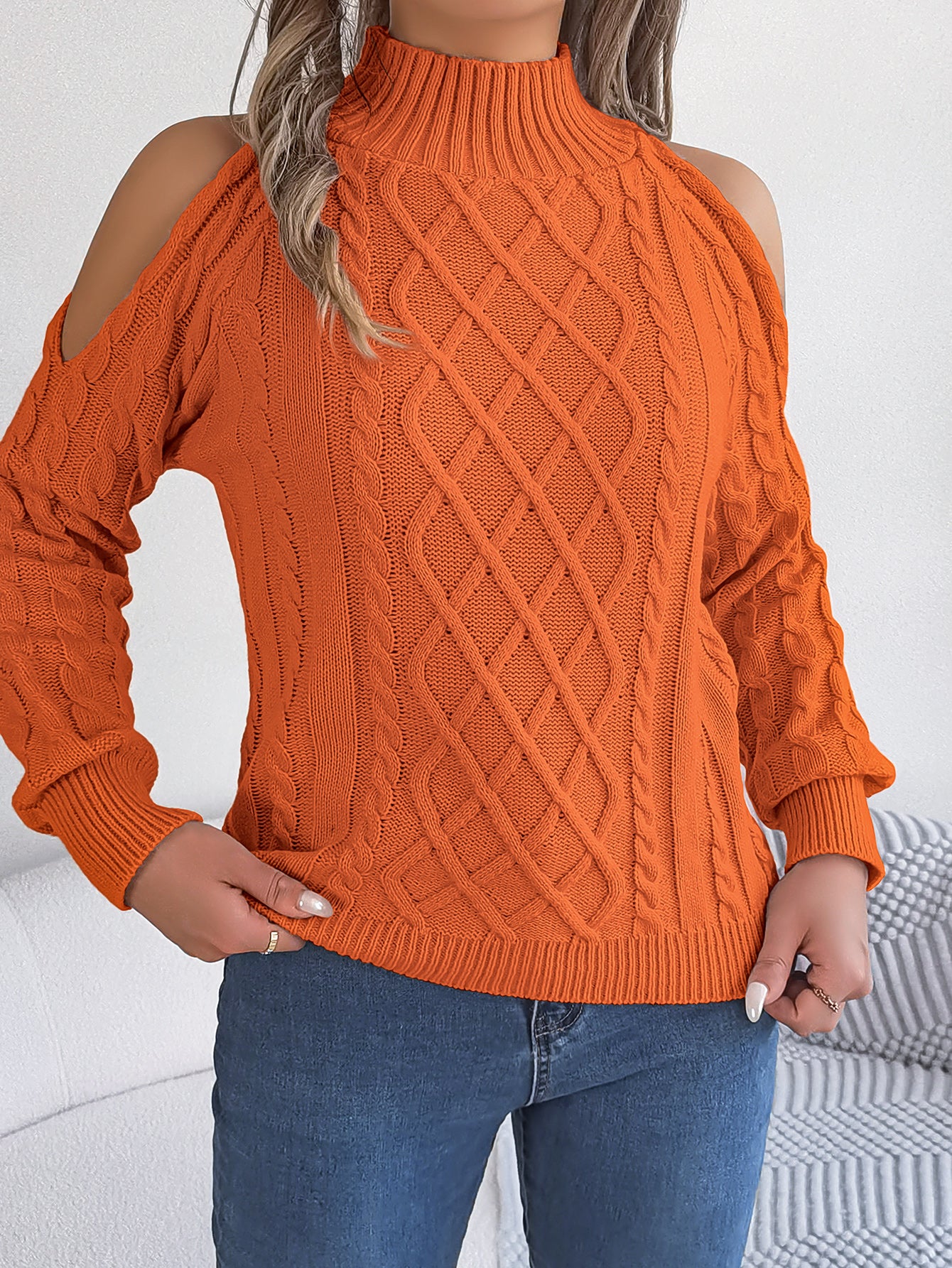 Sarah Express Women's Cable Knit Off-Shoulder Sweater - Half Turtleneck Pullover with Lantern Sleeves Orange