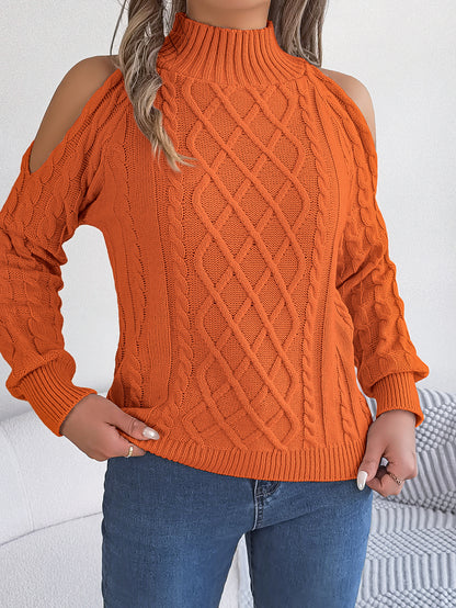 Sarah Express Women's Cable Knit Off-Shoulder Sweater - Half Turtleneck Pullover with Lantern Sleeves Orange