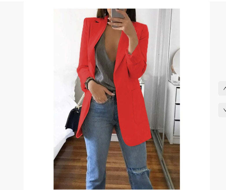 Sarah Express Women's Lapel Blazer Cardigan Slim Fit Long Sleeve - Work Office Professional Medium Length