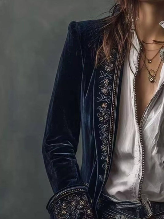 Sarah Express Women's Embroidered Velvet Jacket - Long Sleeve Outerwear