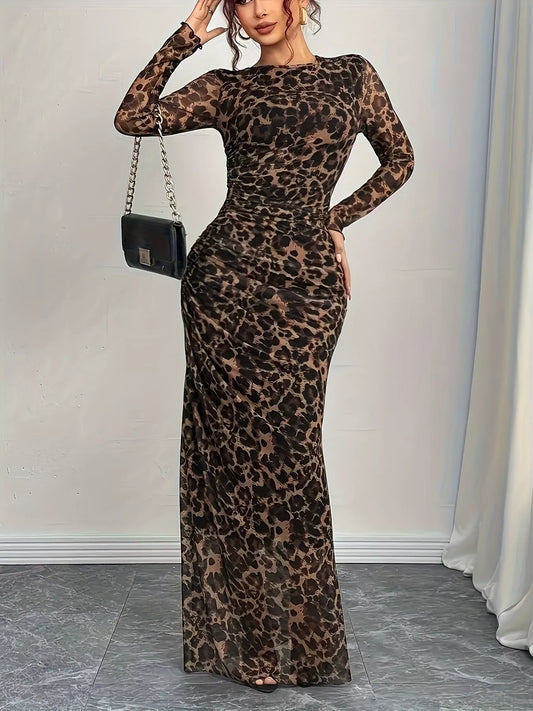 Sarah Express Women's Leopard Print Long Sleeve Maxi Dress Brown