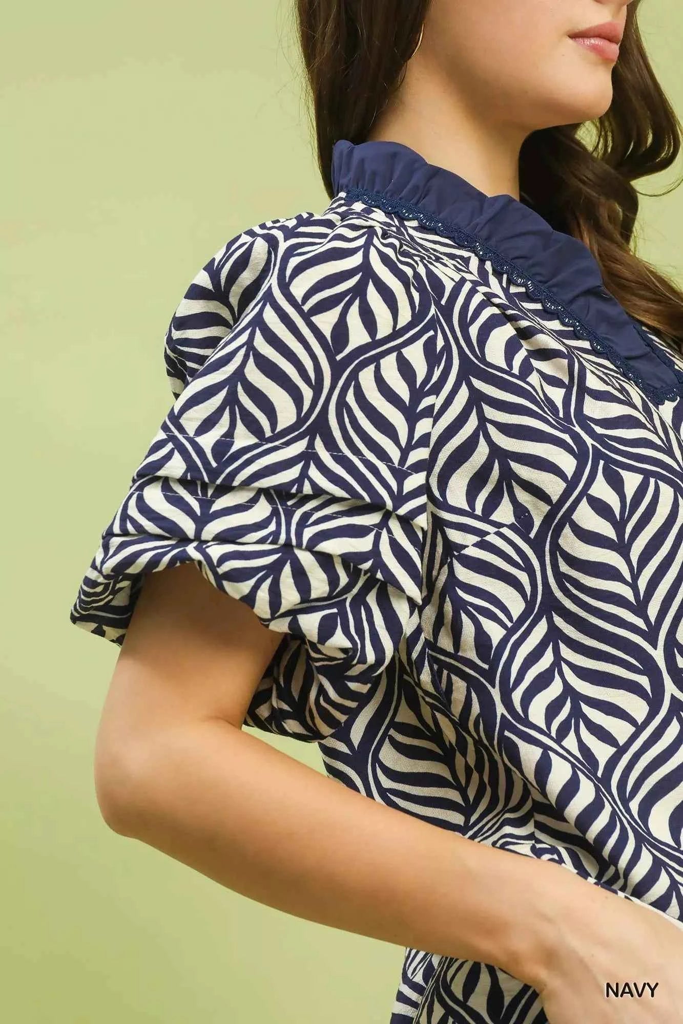 Sarah Express Women's Printed Puff Sleeve Ruffle Neck Top - Leaf Print Blouse