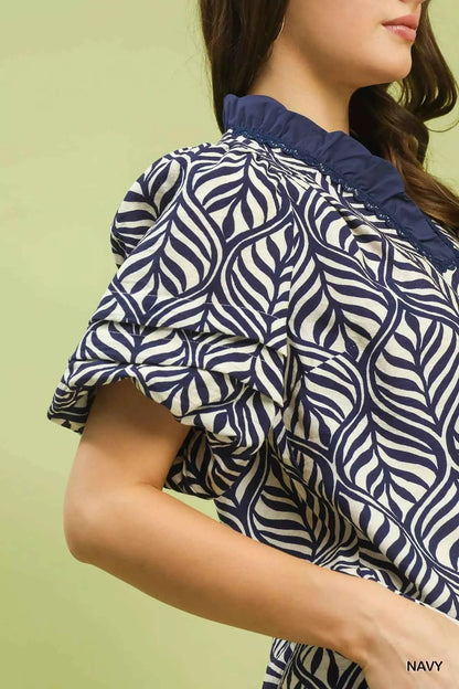 Sarah Express Women's Printed Puff Sleeve Ruffle Neck Top - Leaf Print Blouse