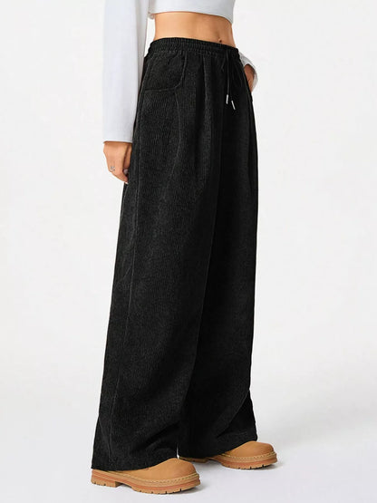 Sarah Express Women's Casual Corduroy Wide Leg Pants Black·