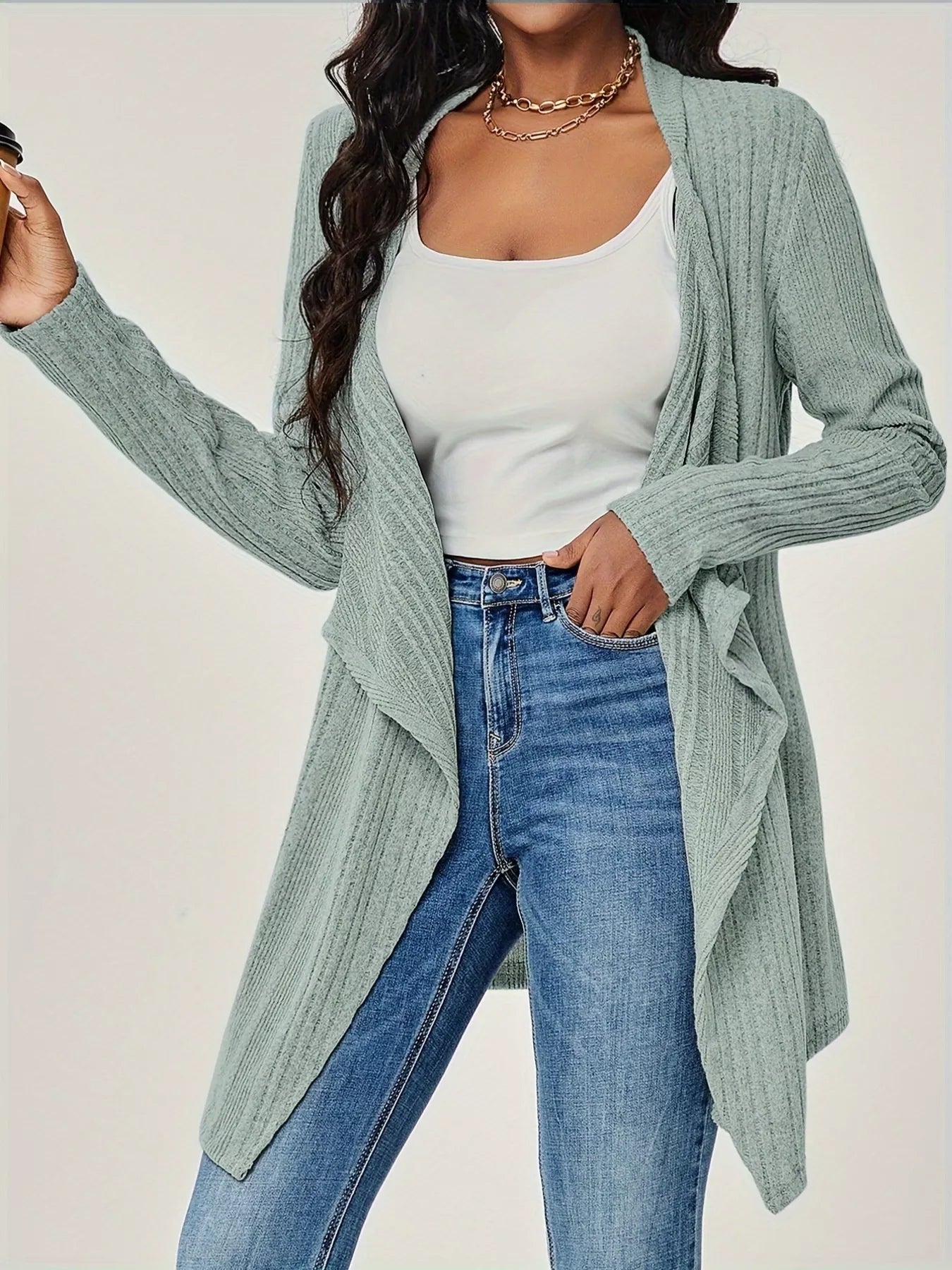 Sarah Express Women's Ribbed Knit Open Front Cardigan - Long Sleeve Lightweight Sweater