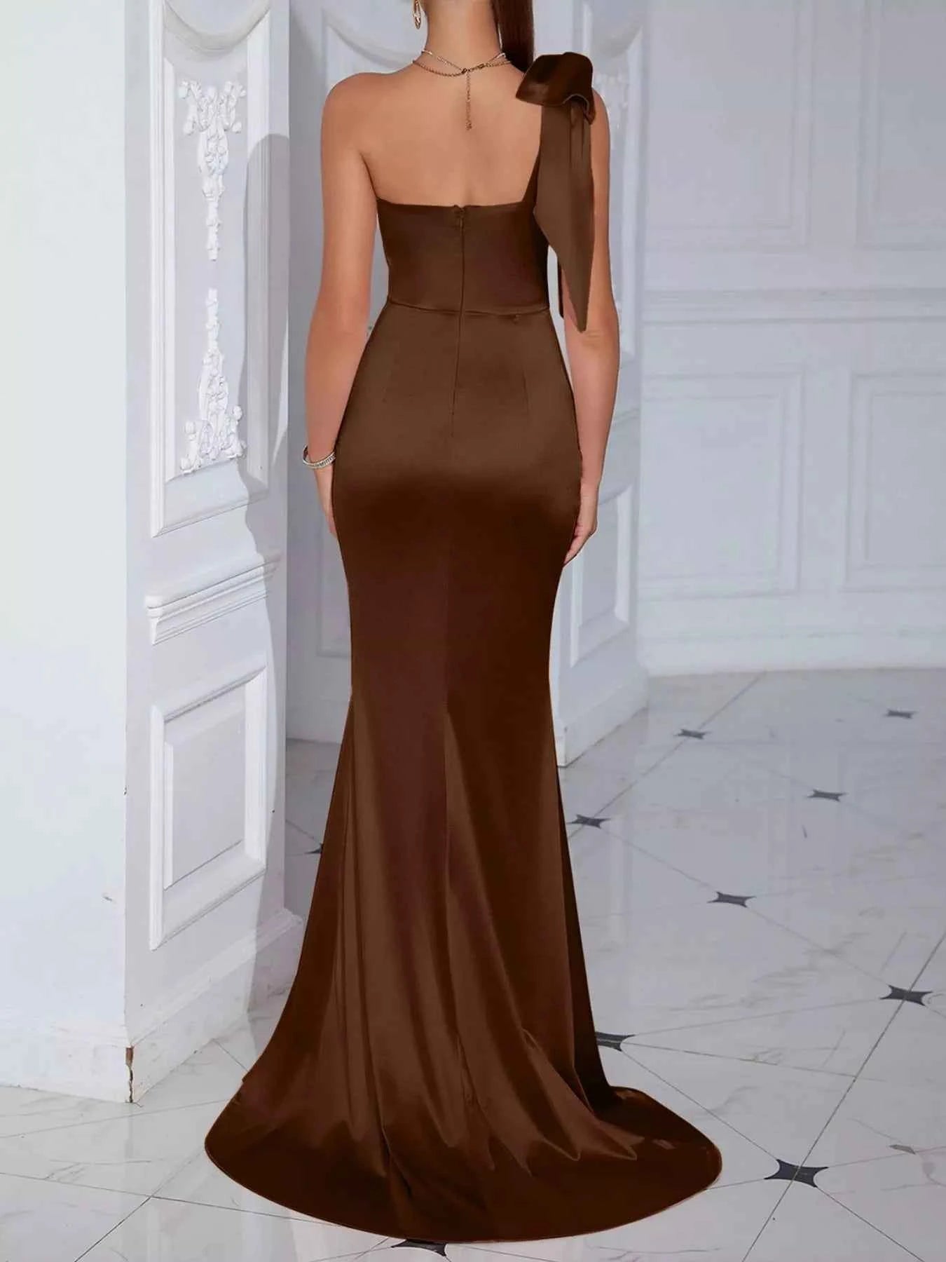 Sarah Express Women's One Shoulder Bow Maxi Dress with Slit - Elegant Evening Gown