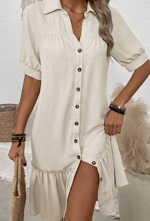 Sarah Express Women's Button-Up Shirt Dress Turn-Down Collar Ruffle Hem
