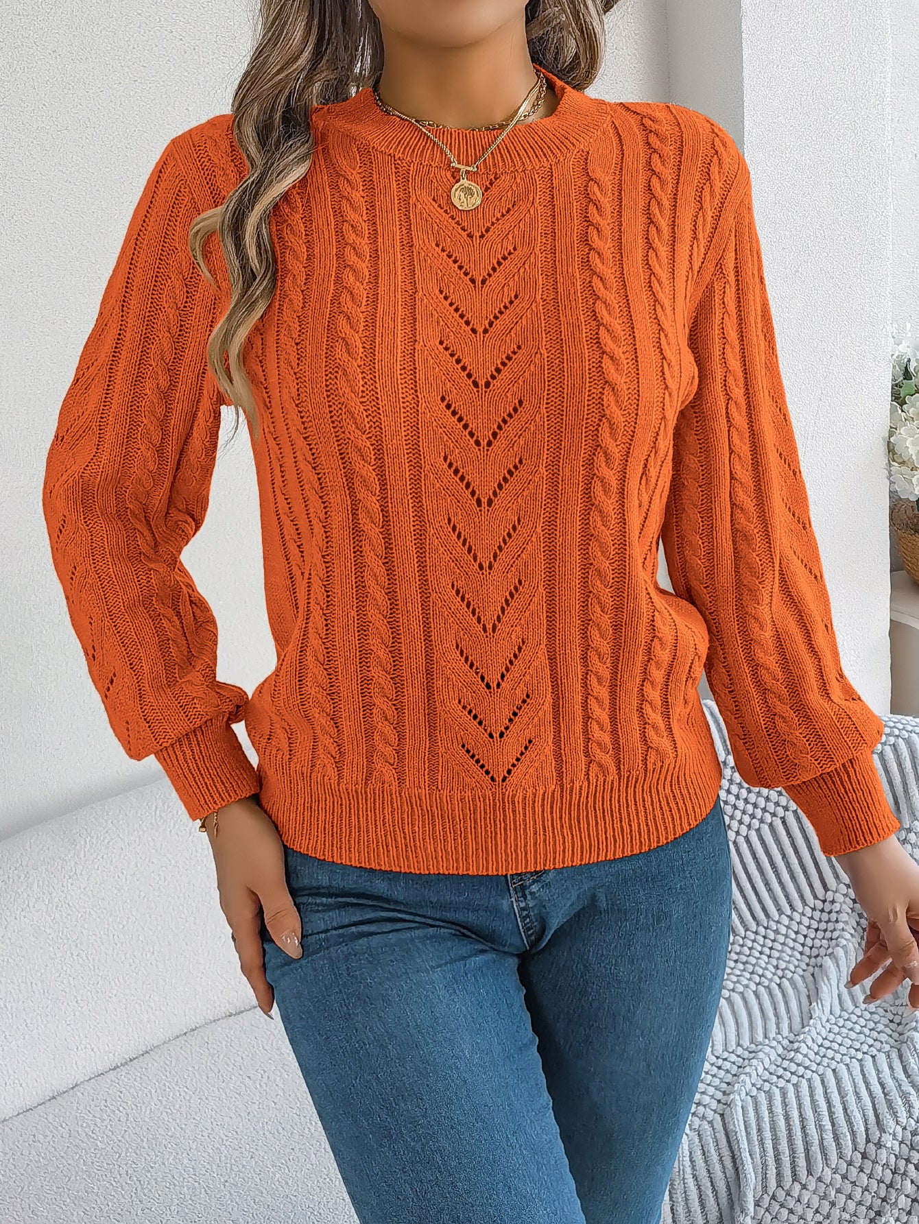 Sarah Express Women's Hollow Out Lantern Sleeve Pullover Sweater - Casual Solid Color Knitwear Orange
