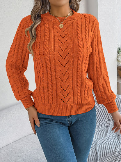 Sarah Express Women's Hollow Out Lantern Sleeve Pullover Sweater - Casual Solid Color Knitwear Orange