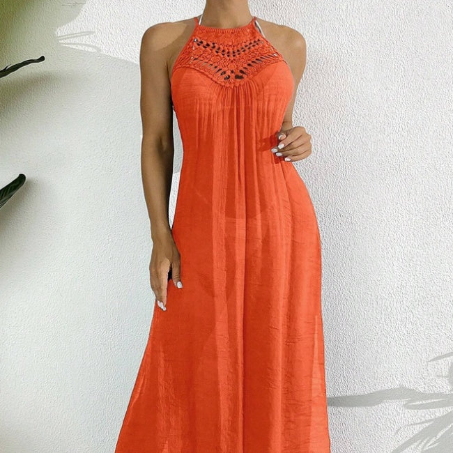 Sarah Express Women's Halter Neck Hollow Out Maxi Dress Swimsuit Cover Up