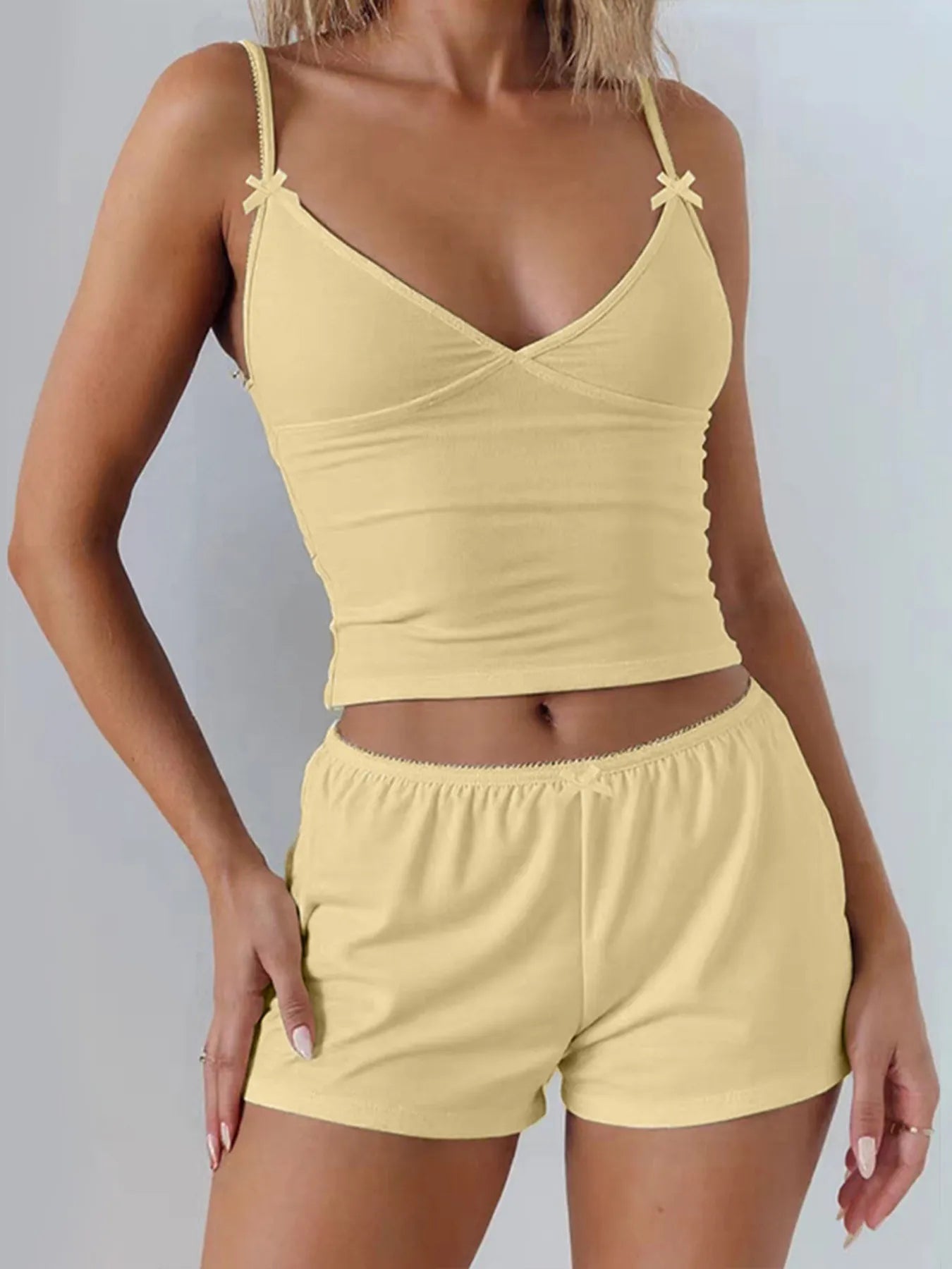Sarah Express Women's V-Neck Cami and Shorts Set - Two-Piece Loungewear Yellow