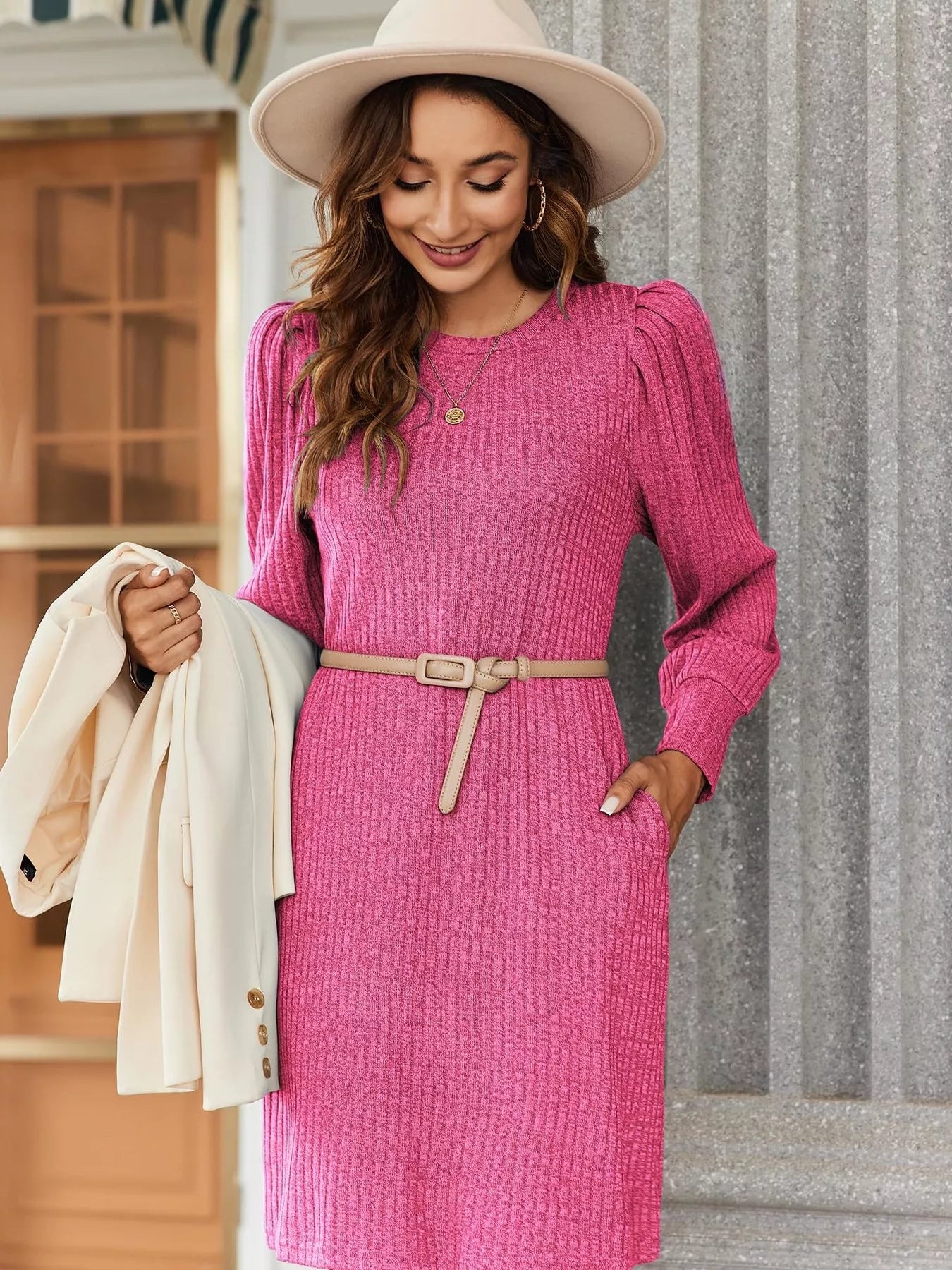 Sarah Express Women's Ribbed Knit Puff Sleeve Mini Dress