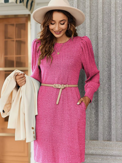 Sarah Express Women's Ribbed Knit Puff Sleeve Mini Dress