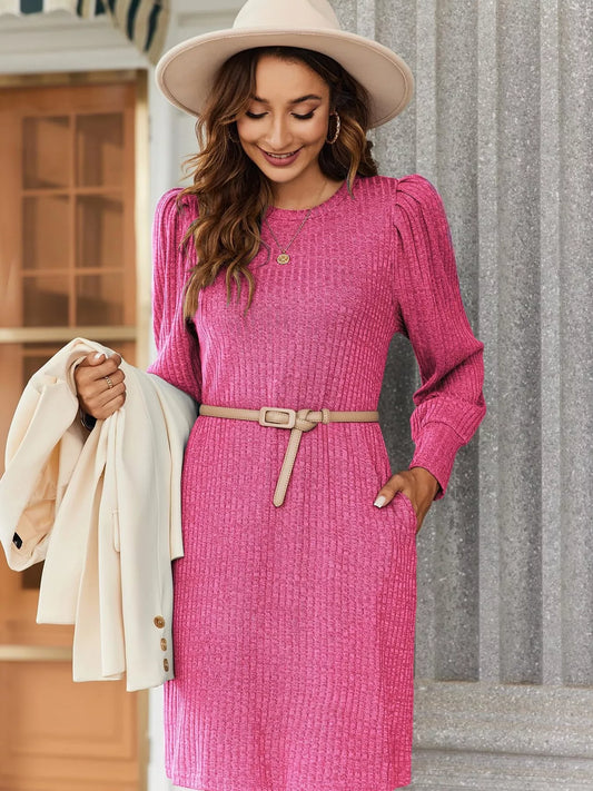 Sarah Express Women's Ribbed Knit Puff Sleeve Mini Dress