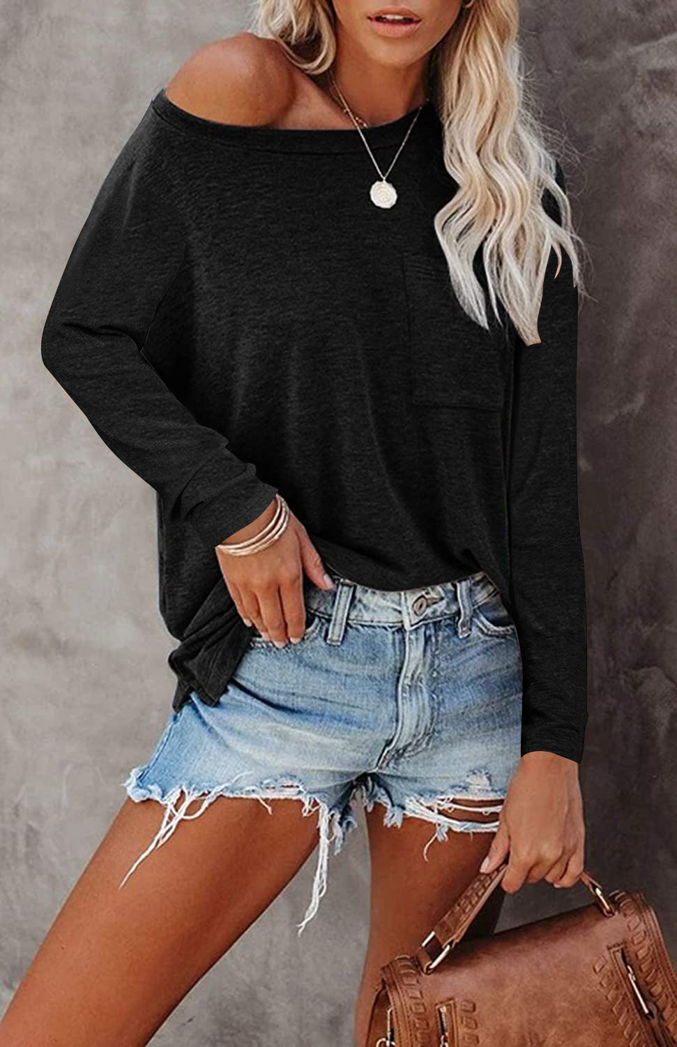 Sarah Express Women's Long Sleeve Pocket T-Shirt Split Hem Casual Cotton Blend Top