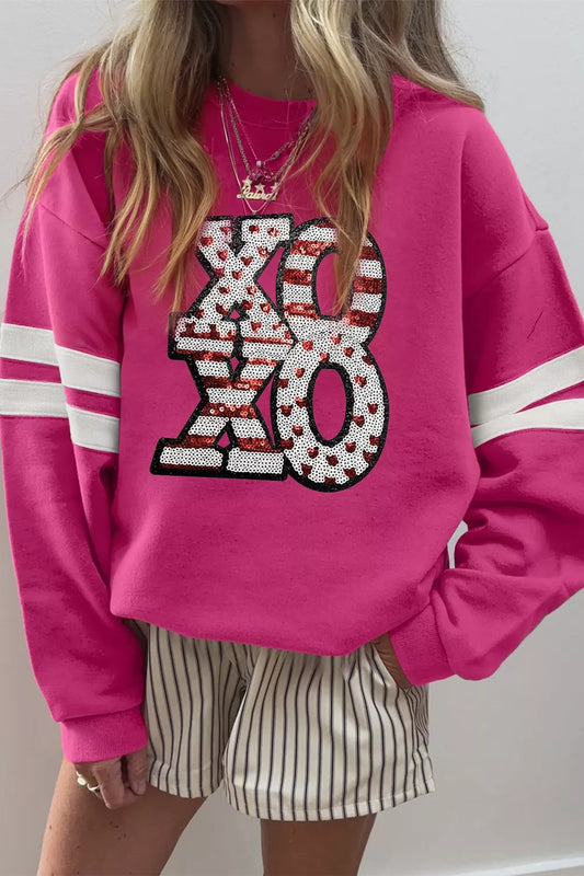 Sarah Express Oversized Sequin XOXO Valentine Sweatshirt Drop Shoulder Varsity Style Cerise