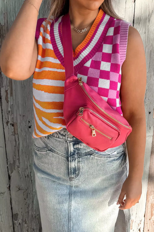 Sarah Express Women's Striped Checkered Contrast Patchwork V Neck Sweater Vest