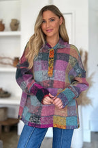 Sarah Express Women's Plaid Dropped Shoulder Fleece Hoodie