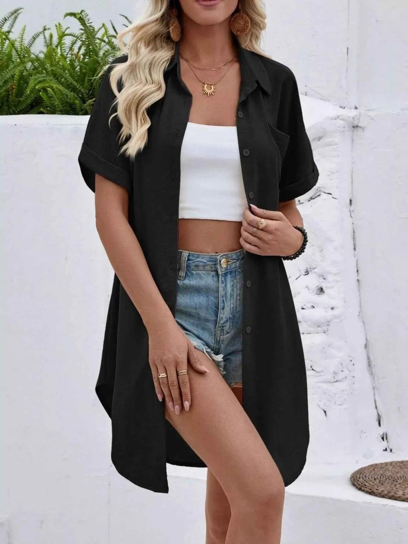 Sarah Express Women's Relaxed Fit Button-Down Longline Shirt - Oversized Casual Blouse