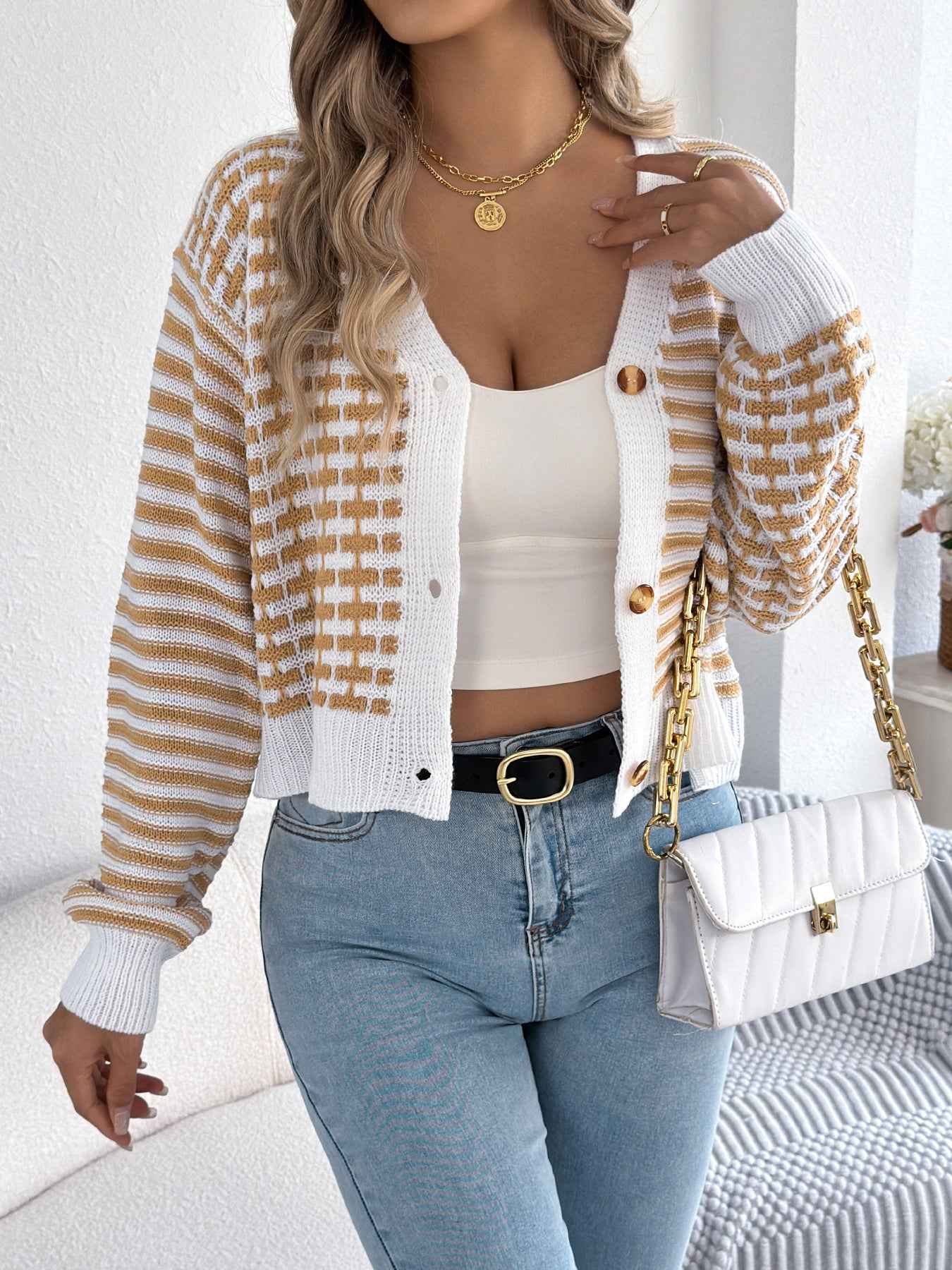 Sarah Express Women's Color Block Stripe Cardigan Sweater Lantern Sleeve Knit