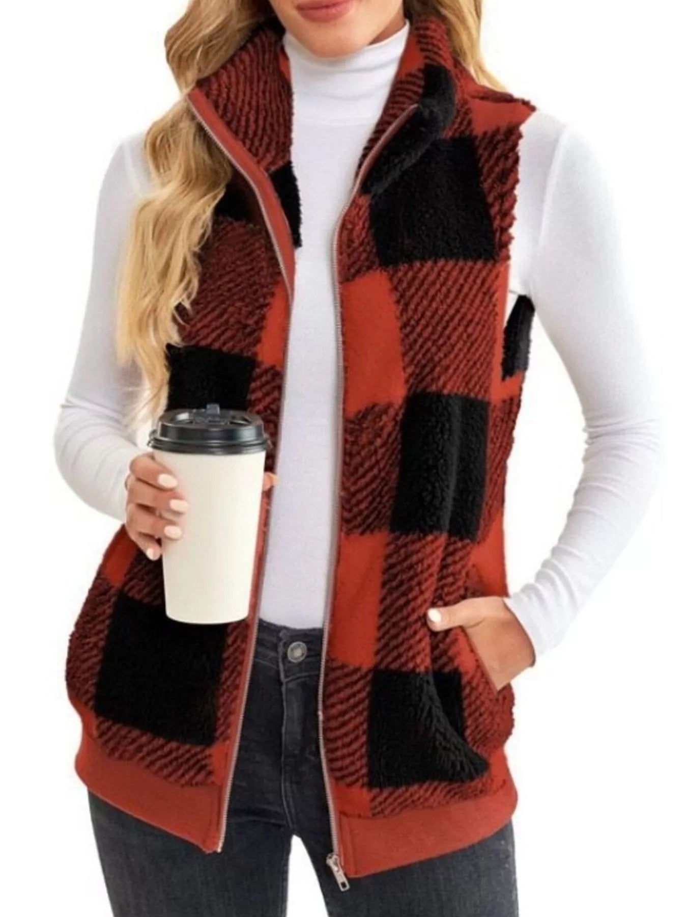 Sarah Express Women's Color Block Zip Up Vest Coat Plus Size Red