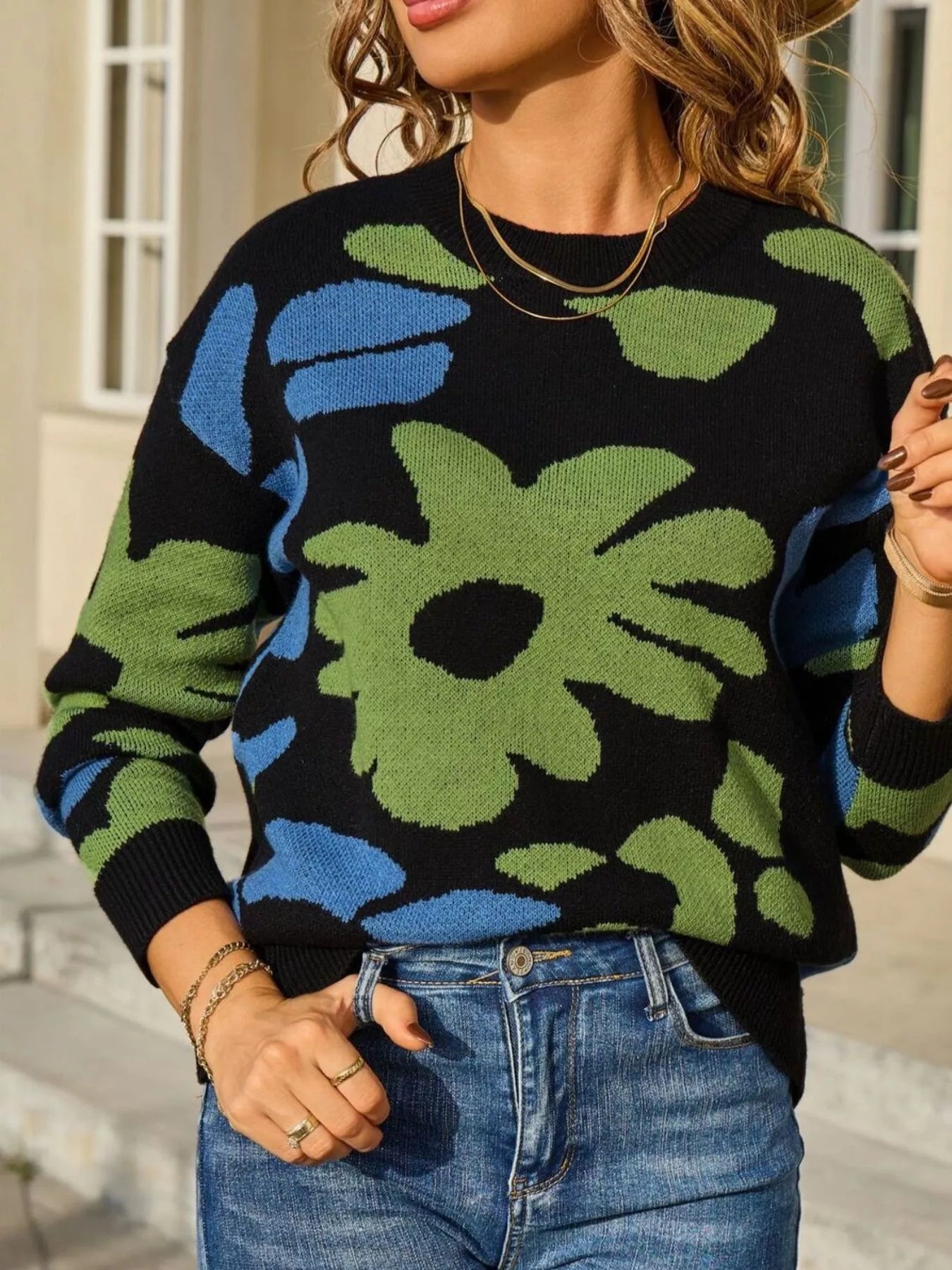 Sarah Express Women's Floral Crew Neck Long Sleeve Sweater