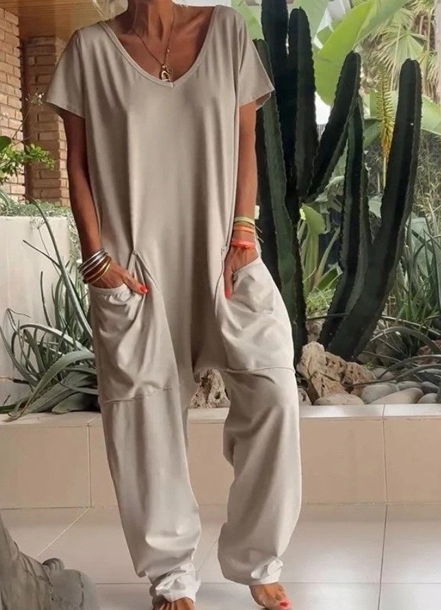 Sarah Express Women's V-Neck Oversized Jumpsuit Quarter Sleeve Pockets Casual Street Style Spring Summer