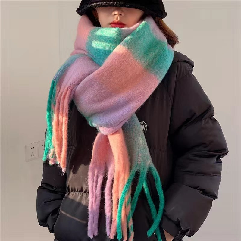 Sarah Express Rainbow Plaid Tassel Scarf Color Block Oversized Shawl Wrap
